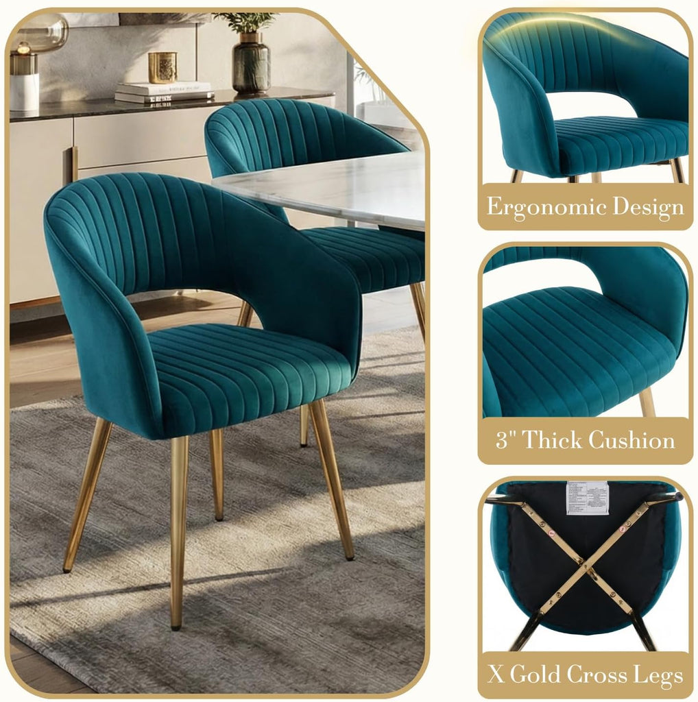 Modern Velvet Dining Chairs Set of 2, Upholstered Gold Dining Chairs with Hollow Back, Dining Room Chairs with Gold