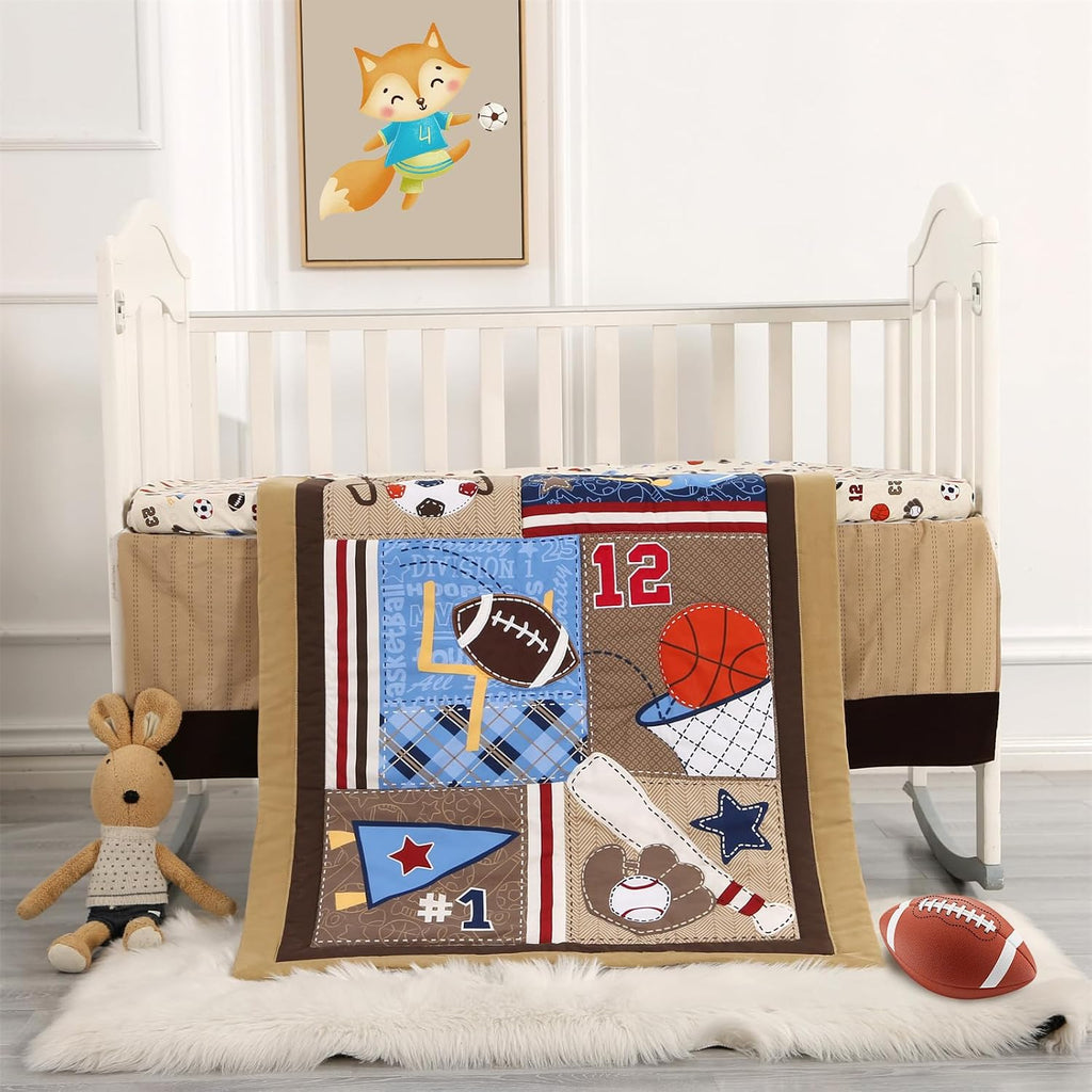 Sports Mini Crib Bedding Set Boys Brown 3PCs Mini Crib Comforter Set Basketball Baseball Rugby Nursery Bedding Sets