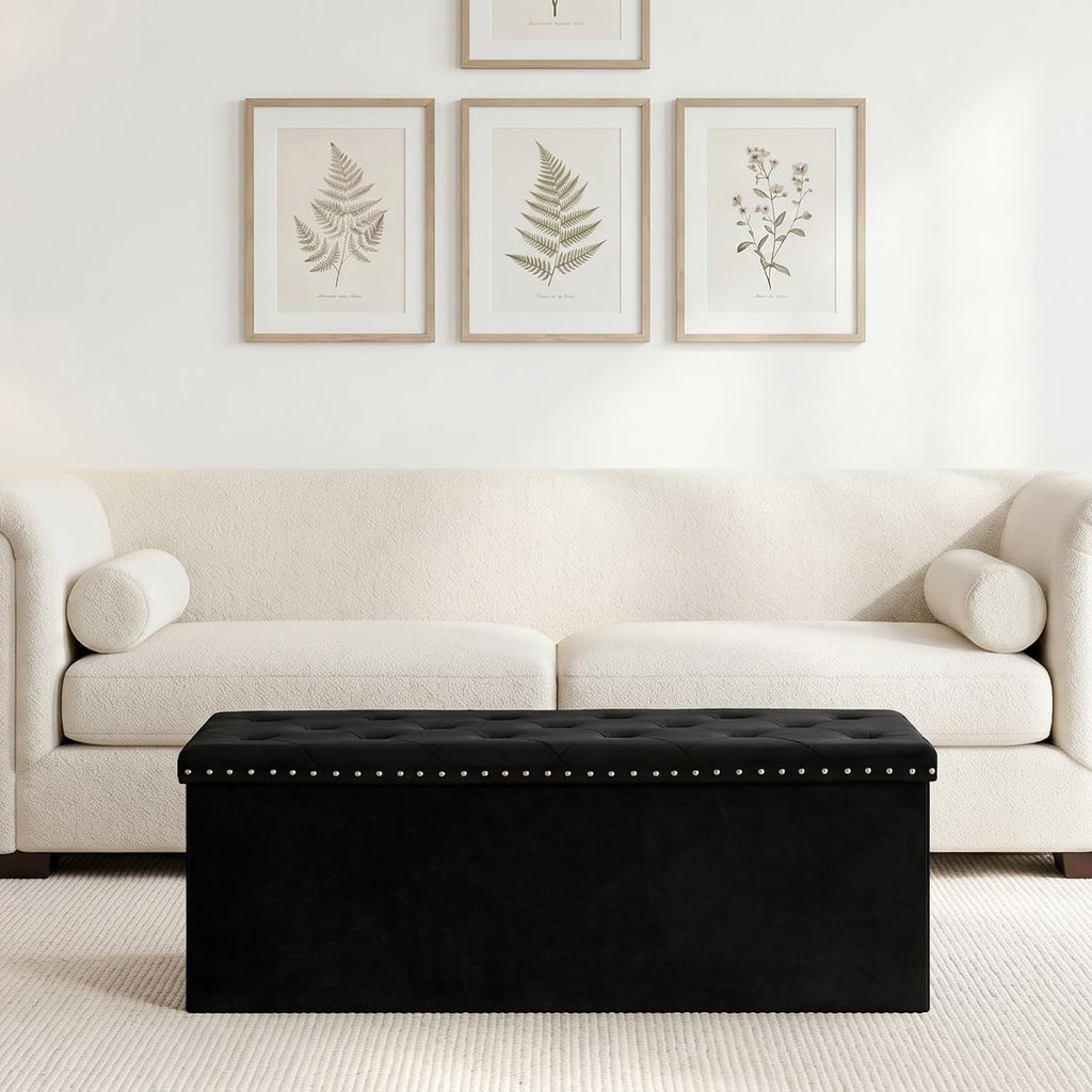 Black Storage Ottoman Bench , Folding Velvet Chest with Benches Foot Rest Stool, Large Long Shoes Chest