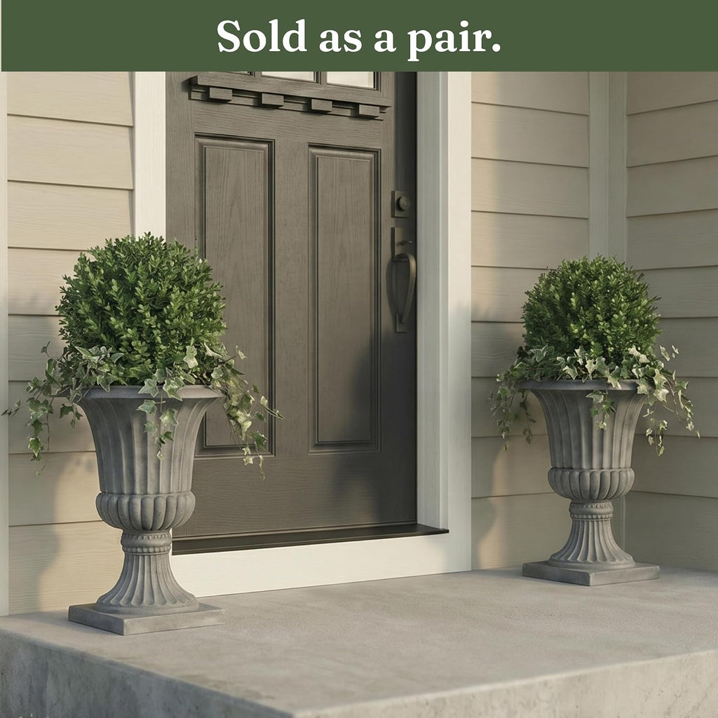 Urn Planters 22", Set of 2, Tall Stone-Resin Pedestal Planters for Outdoor Plants, Large Front Porch Decor, Patio