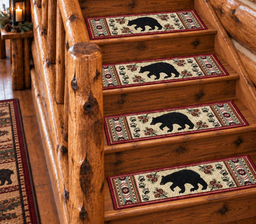 Rug Rustic Ranch Red Bear Non Skid Lodge Stair Tread 9"x30" - Set of 4