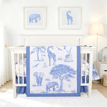 4-Piece Crib Bedding Set for Baby Boys, Blue Elephant Nursery Bedding Set Includes Comforter, Fitted Crib Sheet, Crib