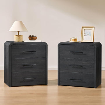 Nightstand Set of 2, 23.6" Modern Curved Nightstand with 3 Drawers, Wood Bedside Table , Large Storage End Table