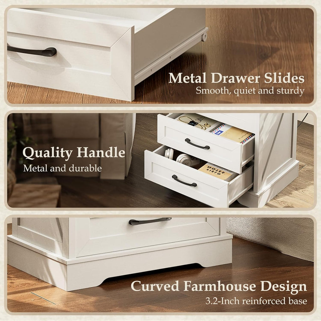 Farmhouse Nightstand with Charging Station, 24 Inch Bedside Tabe with 3 Drawers, Rustic End Table with USB and Outlet
