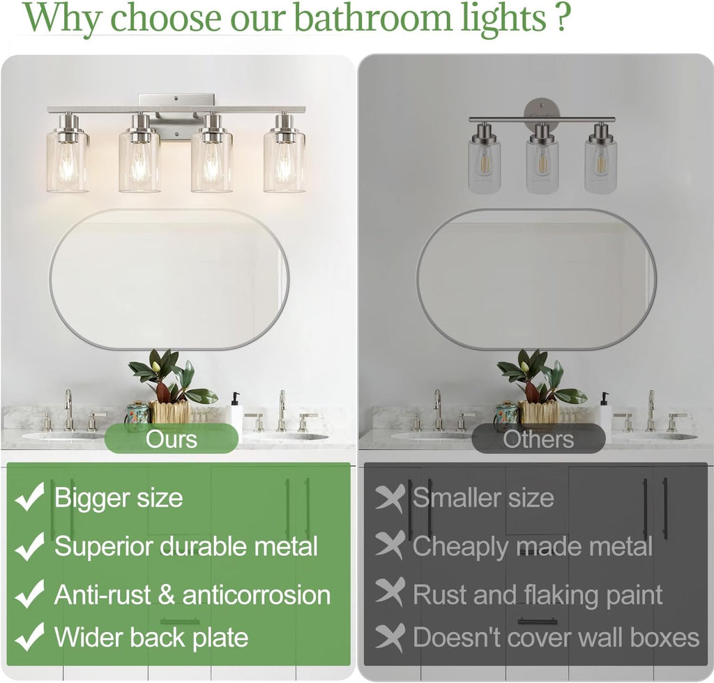 4-Light Bathroom Light Fixtures, Brushed Nickel Modern Vanity Lights with Clear Glass Shades, Bathroom Wall Lamp for