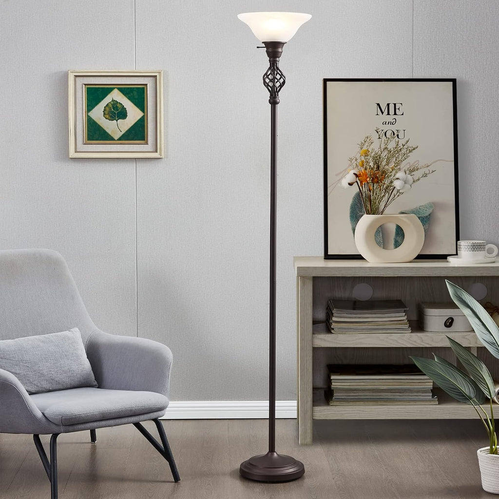 Torchiere Floor Lamp, LED Standing Reading Light with Glass Shade Corner Bedroom Home Office,Bulbs Included (Red Brown