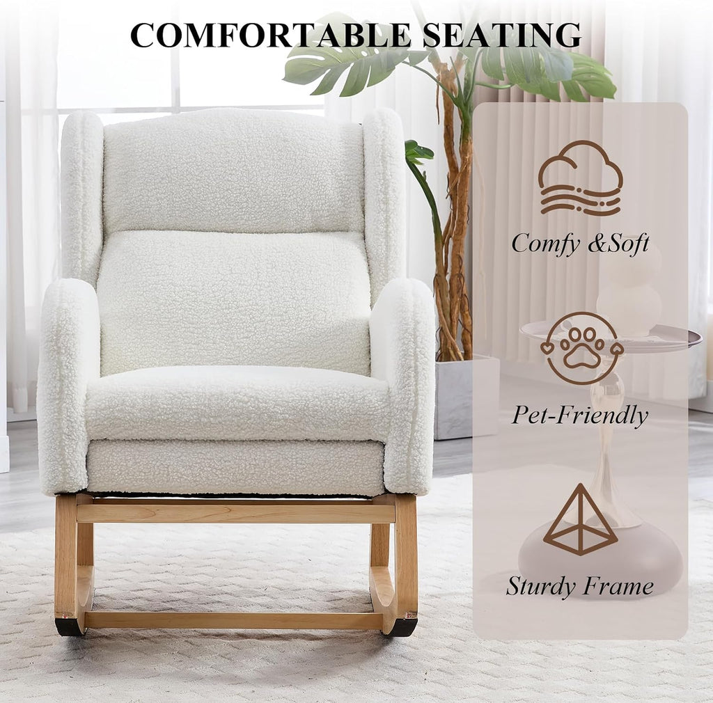 Nursery Rocking Chair with Footrest, Teddy Upholstered Glider Chair, Rocker Nursery Chair with Side Pocket, Glider
