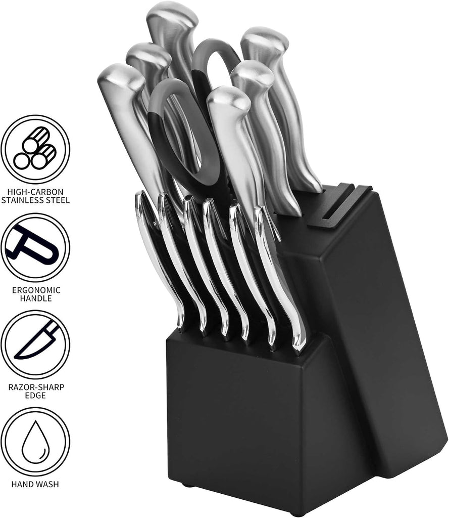 15-Piece Stainless Steel Chef Kitchen Knife Sets with Block & Built-In Sharpener, Professional Chef Knife Sets with
