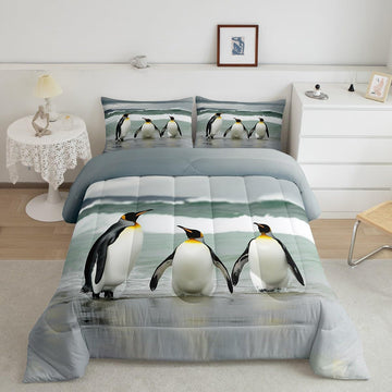 Cute Penguin Comforter Set Coastal Ocean Wave Bedding Set 3D Penguins Wildlife Bedding Home Decor Green Gray