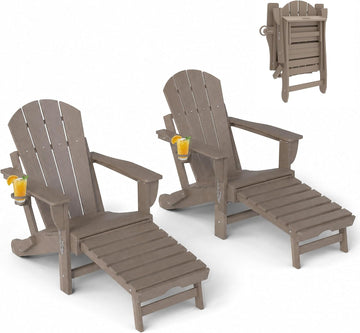 Folding Adirondack Chair Set of 2 with Retractable Ottoman Brown | Outdoor HDPE Fire Pit Chair, Cup Holder, Large