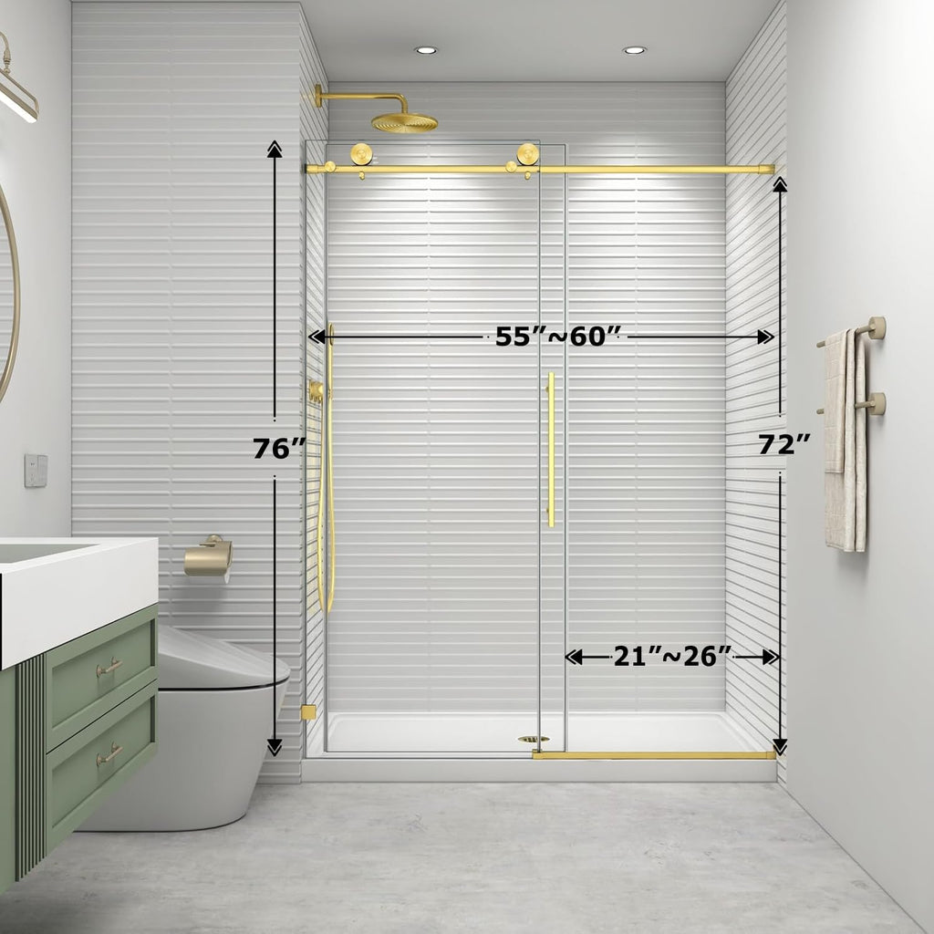 55"- 60" W x 76" H Soft Closing Sliding Frameless Shower Doors, Water Repellent Shower Door
