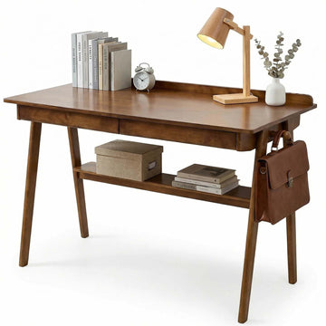 Solid Wood Writing Desk with Drawers, 47" Mid-Century Modern Walnut Desk with Storage Shelf and Side Hooks, Home