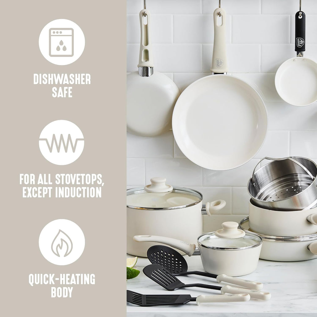 16 Piece Ceramic Nonstick Pots & Pans Cookware Set, Cream | PFAS-Free Nonstick Coating, Stockpot, Frying Pans