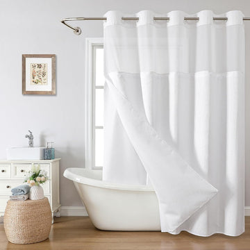 No Hook Waffle Weave Shower Curtain with Snap-in Fabric Liner Set,White Shower Curtains with See Through Top