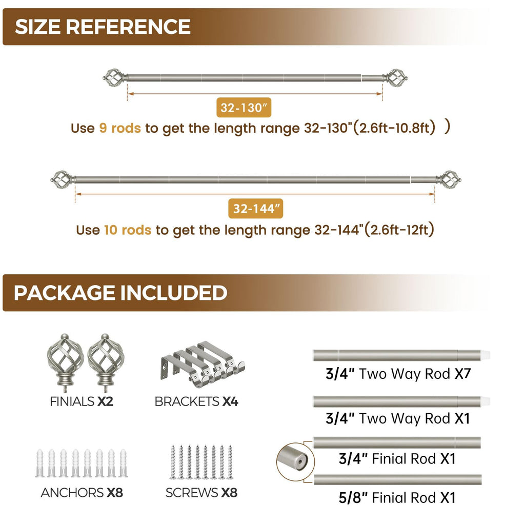 Silver Curtain Rods for Windows 72 to 144 Inch, Long Adjustable