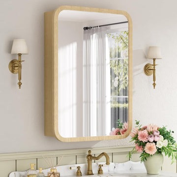 20x28 Inch Wood Medicine Cabinet with Mirror , Oak | Fully Assembled, Surface or Recessed Mount Mirror Cabinet