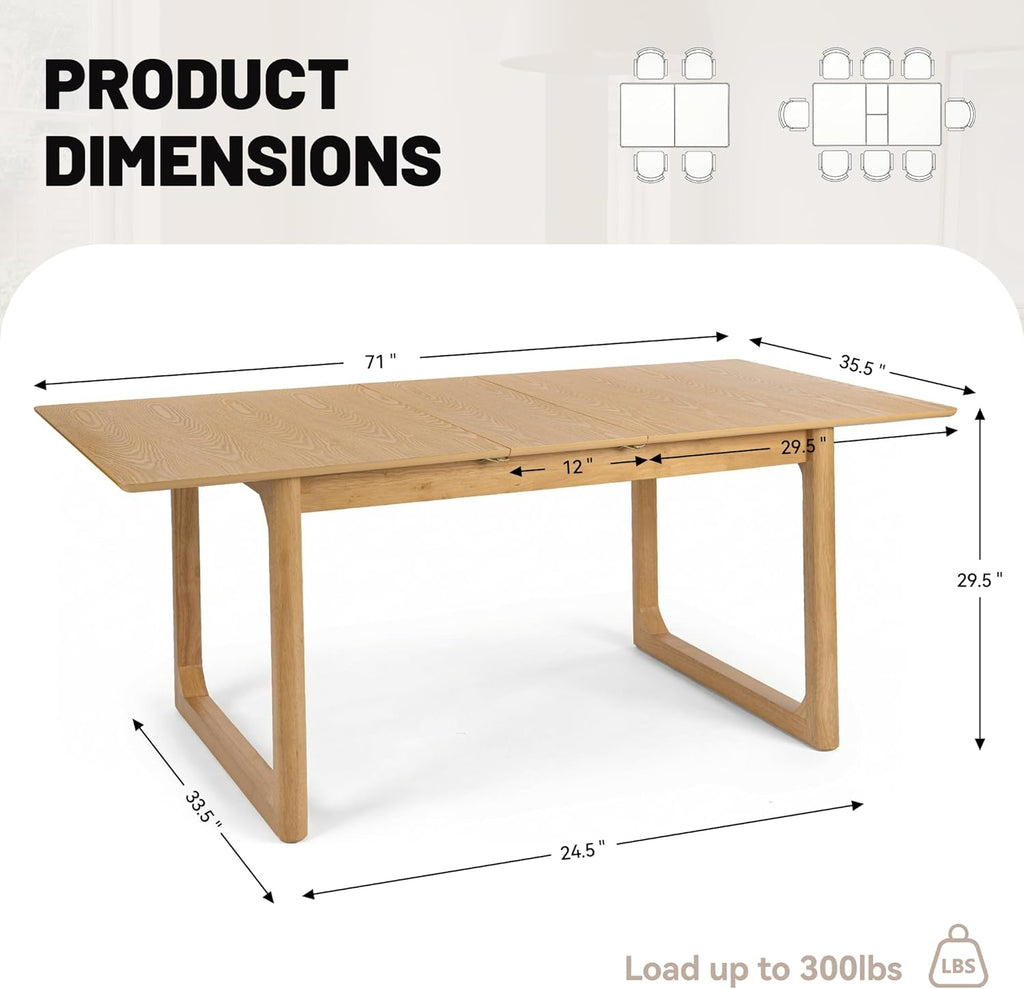 Extendable Wood Dining Table for 4-8, 71" Inch Modern Rectangular Kitchen Tables with Wooden Base Farmhouse Dinner
