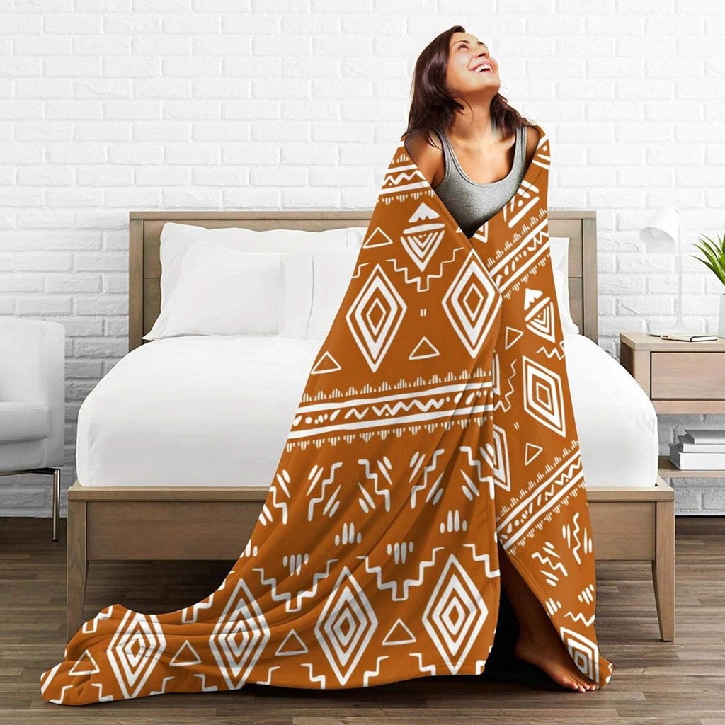 Orange White Retro Boho Tribal Western Modern Throw Blanket Gifts for Women, Soft Fuzzy Warm Cozy Flannel Blankets