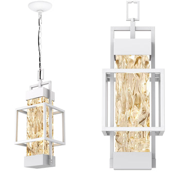15'' White Outdoor Indoor Pendant Celing Light Fixture, Modern Exterior Hanging Chandelier Porch Lights, Aluminum