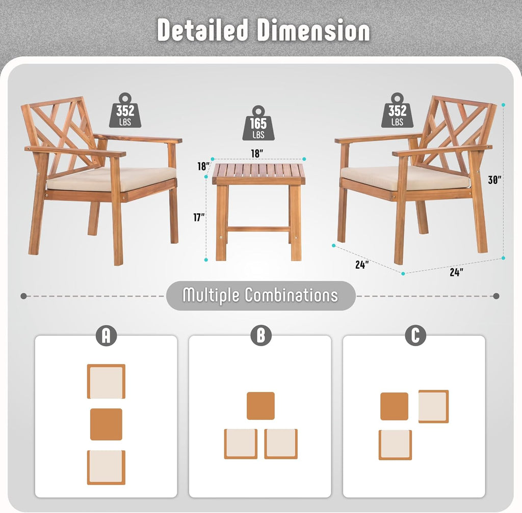 3 Piece Outdoor Patio Furniture Set, Wooden Conversation Patio Set with Padded Cushion Chairs and Coffee Table