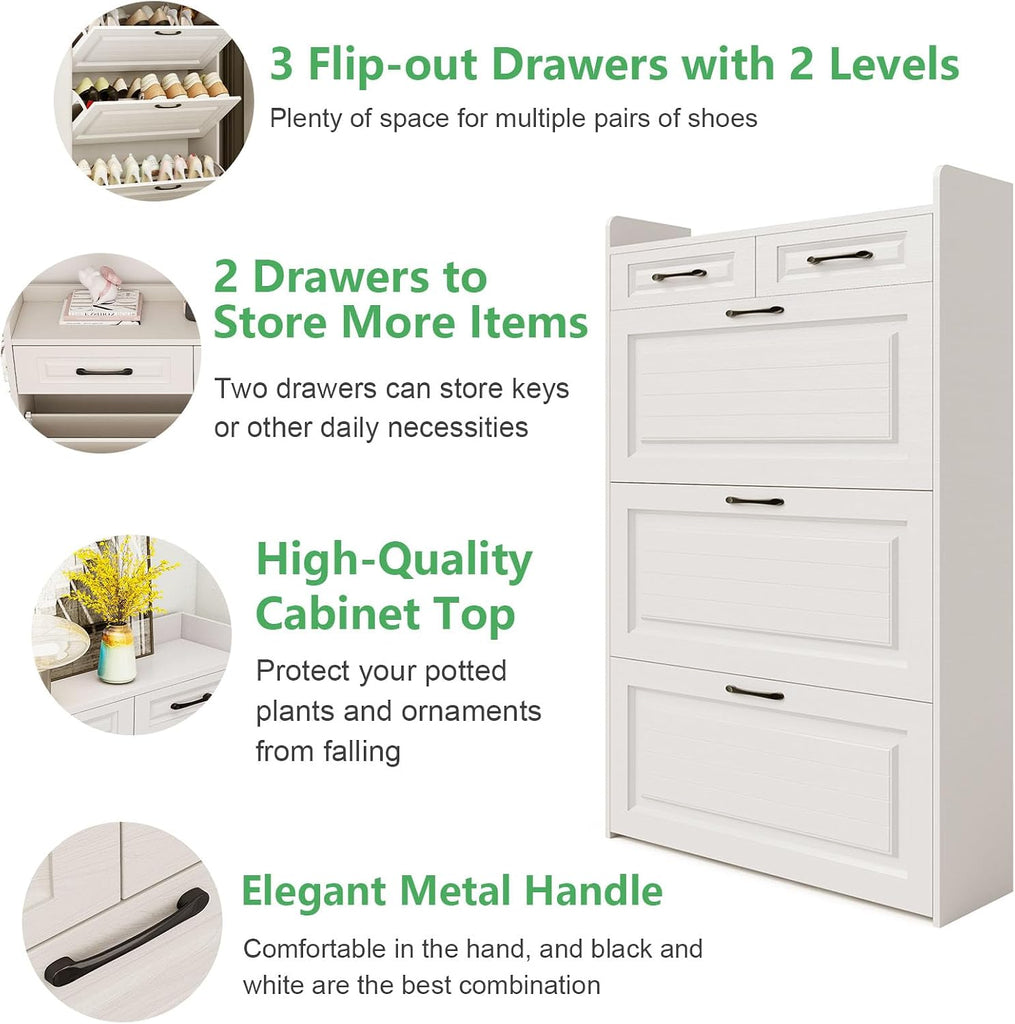 Shoe Cabinet Storage with 3 Large Flip Drawers & 2 Storage Drawers, Narrow Shoe Organizer Cabinet Fits for Kinds of