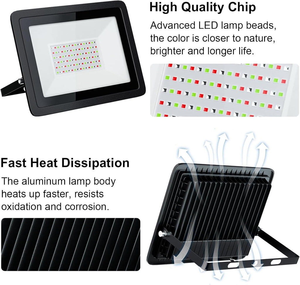 1PCS 110V 100W RGB LED Flood Lights,Outdoor Color Changing Floodlight with App, IP68 Waterproof 16 Colors 4 Modes
