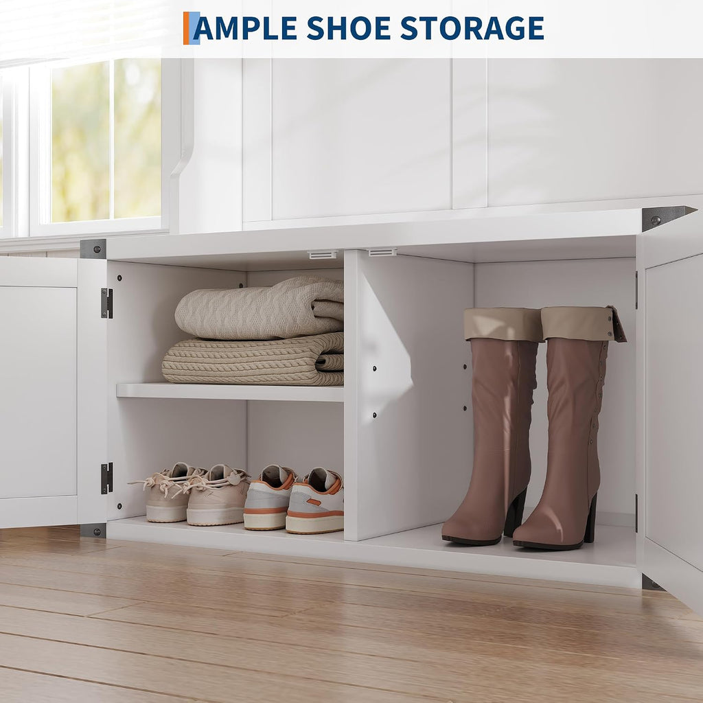 Farmhouse Hall Tree with Bench and Shoe Storage, 77" Tall Entryway Hall Tree w/ 5 Tri-Hooks Coat Rack, Mudroom Rack