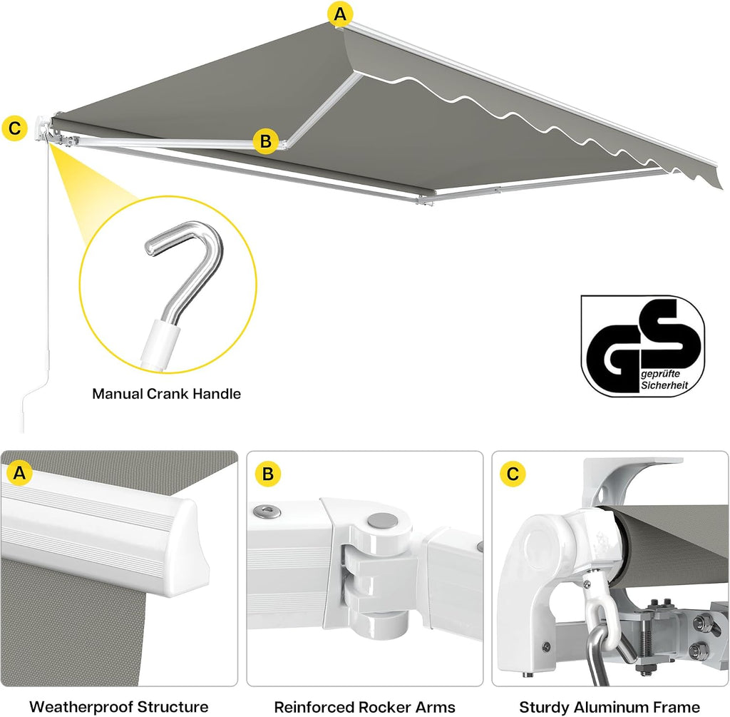 Retractable Patio Awning 9.8'×8.2', Grey | Fully Assembled Retractable Balcony Awning, 280G Polyester, Aluminum