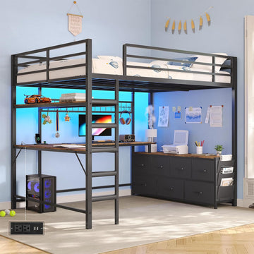 Full Loft Bed with U-Shaped Desk, 7-Drawer Storage and 2-Tier Shelves, Built-in Charging Station and RGB LED Lights