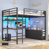 Full Loft Bed with U-Shaped Desk, 7-Drawer Storage and 2-Tier Shelves, Built-in Charging Station and RGB LED Lights