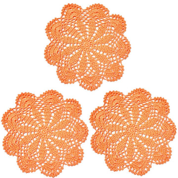 3 PCS 8 Inch Lace Doilies Tea Cup Coasters Handmade Crochet Daisy Flower Placemats (Orange)