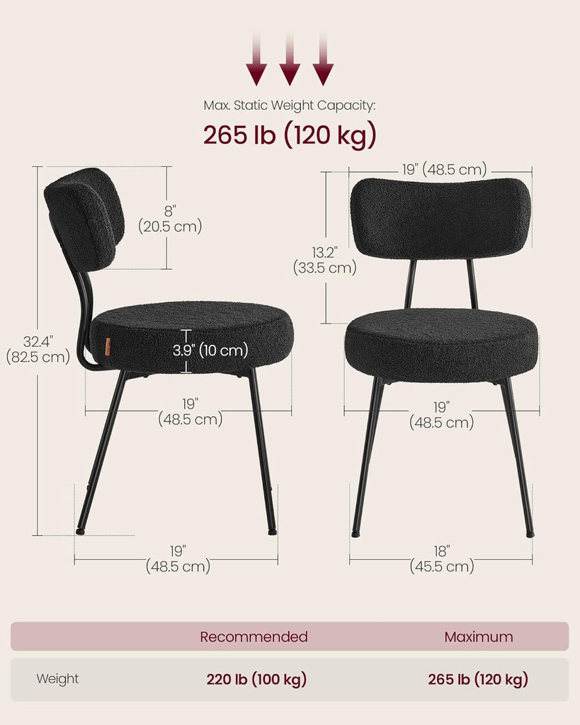Boucle Dining Chairs Set of 2, Upholstered Kitchen Dining Room Chairs with Curved Backrest and Steel Frame