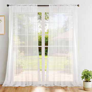 Rod Pocket Solid Sheer Curtains, White, 72" W x 84" L