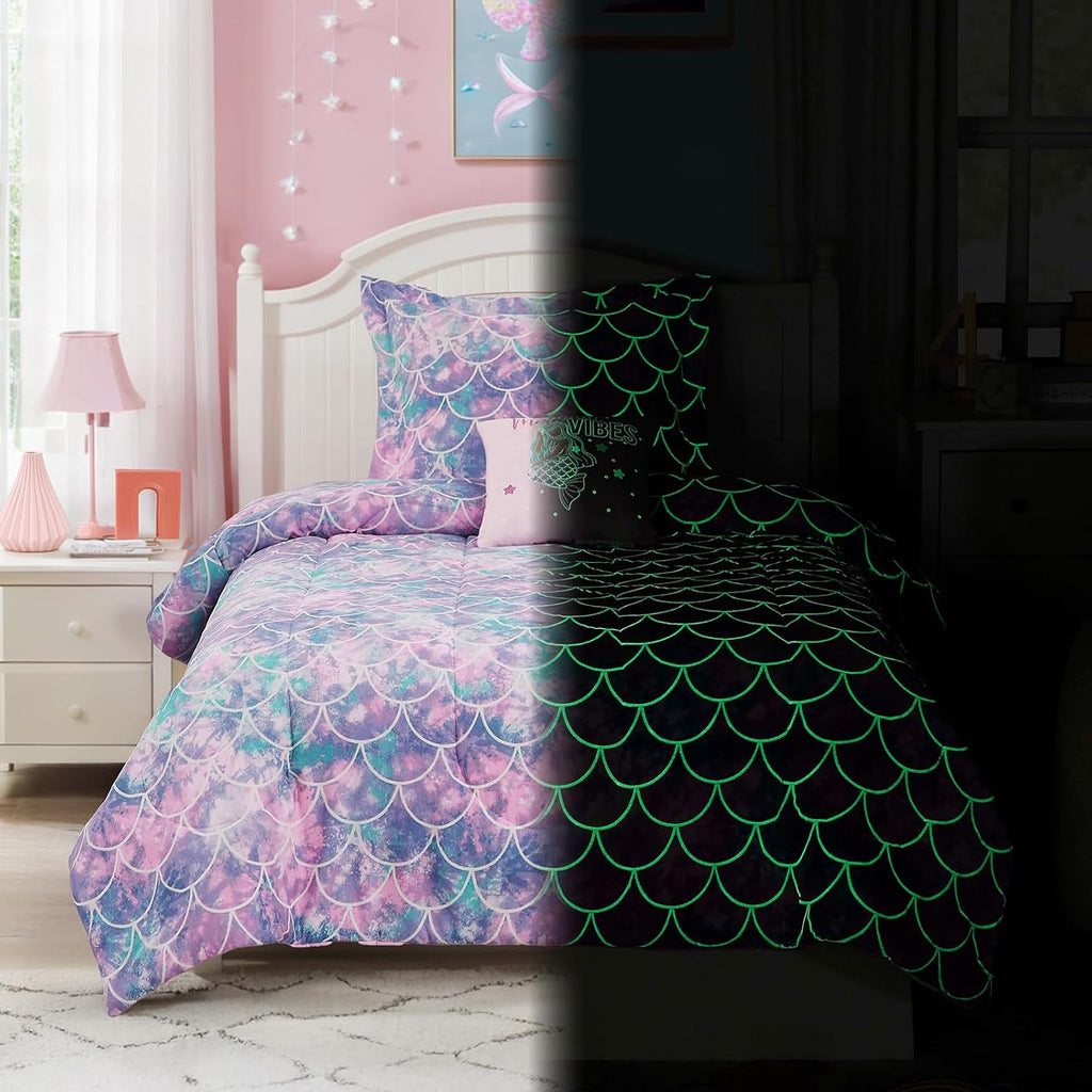 Comforter Set for Girls-3 Pieces Mermaid Glow in the Dark Bedding Sets for Kids, 1 Comforter, 1 Sham and 1