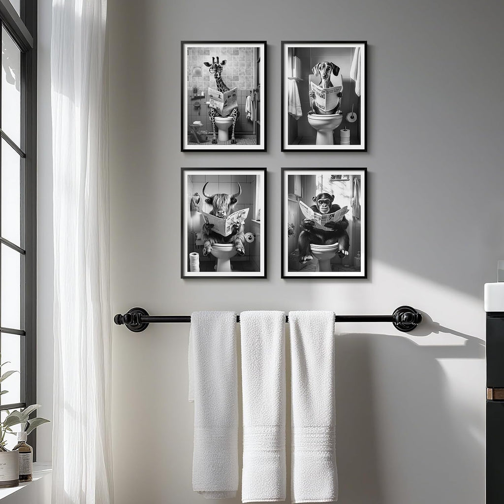 Framed Black and White Bathroom Wall Art Decor, 4 Piece Modern Animal Canvas Prints Painting Artwork, Dog Highland