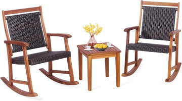 3 Pieces Rocking Bistro Set Acacia Wood Patio Rocking Chairs with Coffee Table, Rattan Wicker Rocking Conversation