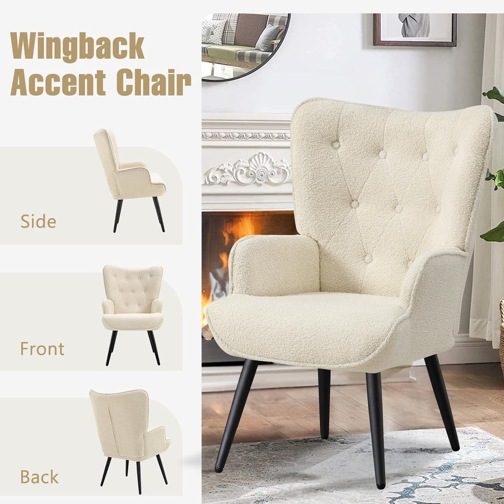Boucle Accent Chair , Upholstered Reading Chair with High Backrest, Tufted-Button Wingback Armchair , Dressing Room