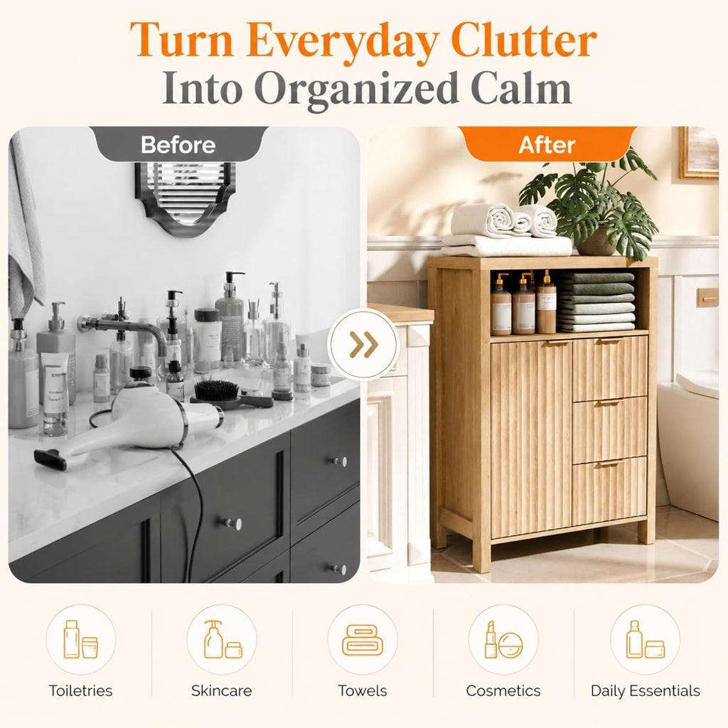 Bathroom Storage Cabinet with 3 Drawers & Door, Slim Freestanding Floor Cabinet Organizer for Small Spaces, 30mm