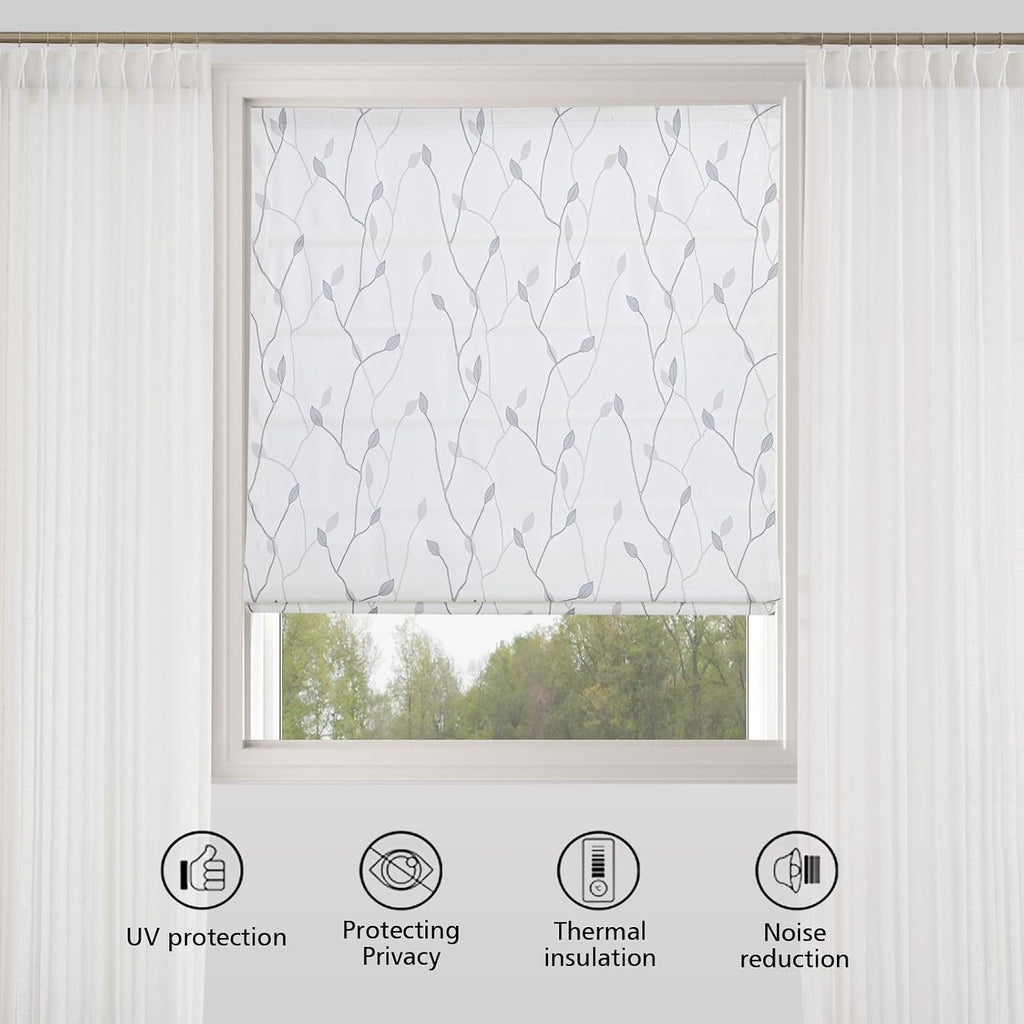 Cordless Roman Shades Window Shades, Grey Brance Leaf Blackout Light Filtering Custom Window Roman Blinds, 10% Linen