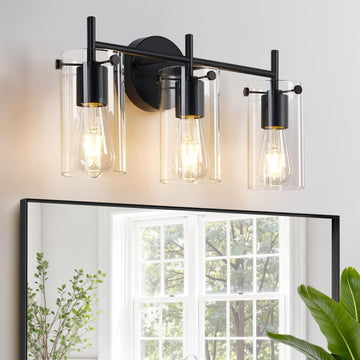 Bathroom Light Fixtures, 3-Light Matte Black Vanity Light, Black Bathroom Lights Over Mirror with Clear Glass Shade