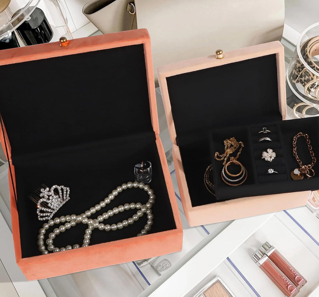 Velvet Jewelry Boxes Decorative Boxes, Storage Accessory Organizer Boxes with Elegant Handle Decor, Classic Velvet - Set of 2