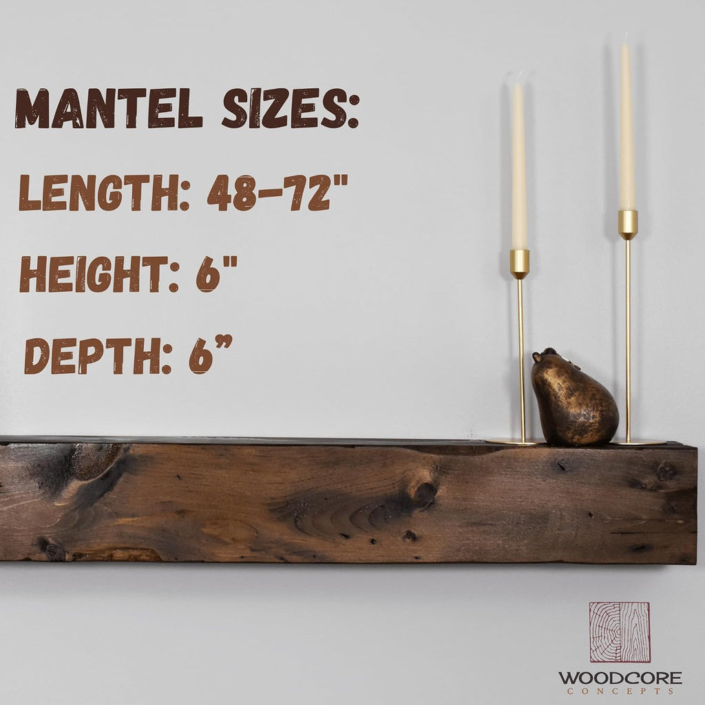 Dark Brown Shelf 66Lx6Hx6D - Solid Wood & Floating Mantel Shelf, Rustic Wooden Mantel, Handcrafted Fireplace