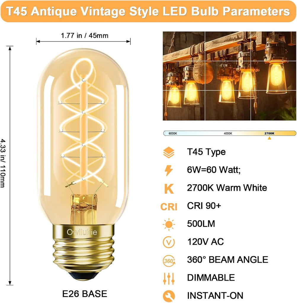E26 LED Bulb 6W Equivalent 60 watt, Vintage Edison Bulbs, Warm White 2700K Amber E26 Edison Bulb dimmable,Tubular T14 - Set of 4
