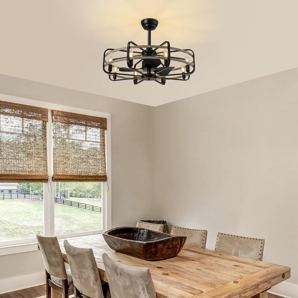 30 Inch Caged Ceiling Fan with Light, Bladeless Farmhouse Ceiling Fan with Remote 6 Speed Reversible Industrial