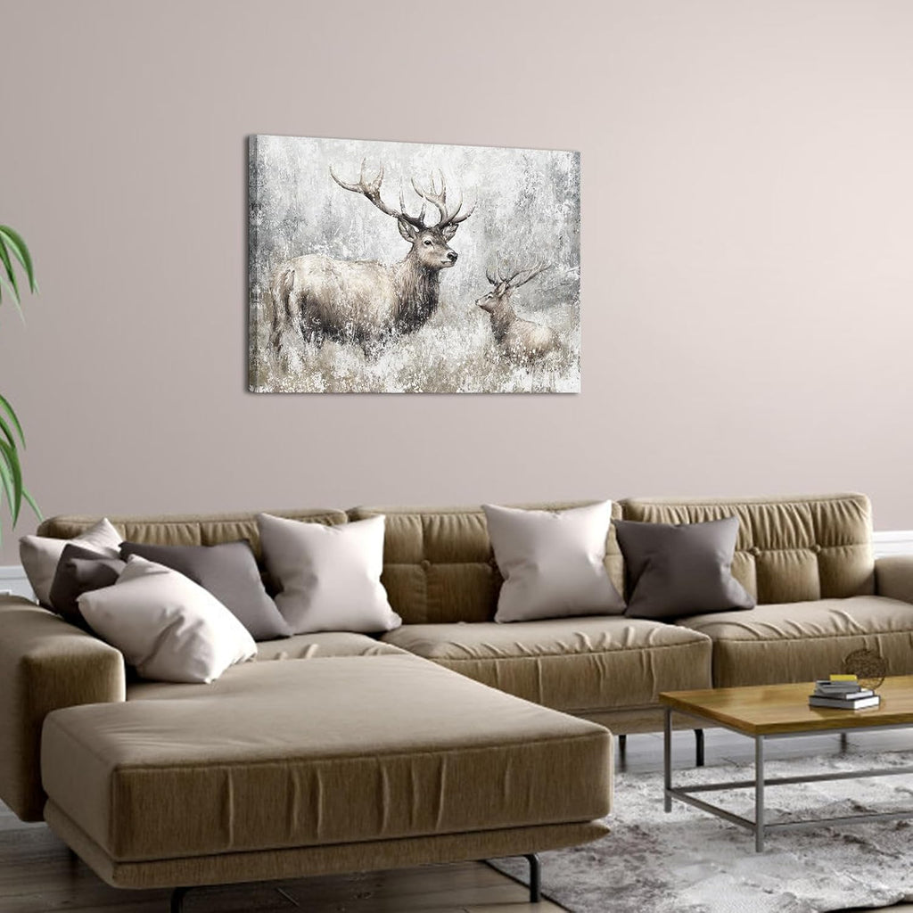 Deer Canvas Wall Art Vintage Elk Painting Prints Rustic Farmhouse Kitchen Decor Wildlife Artwork Framed Ready to Hang