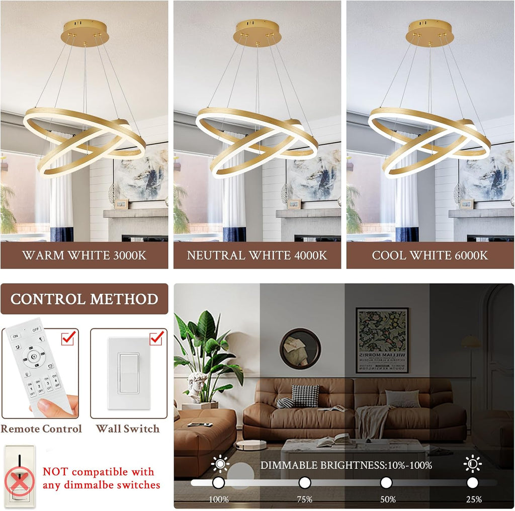 Modern LED Chandelier Gold 2-Rings Pendant Light Circular Flush Mount Ceiling Chandelier Lighting with Remote Control