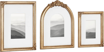 Arendahl Three-Piece Picture Frame Set, Antique Gold, Set of 3, Varying Sizes, Vintage Rectangle and Arched Photo