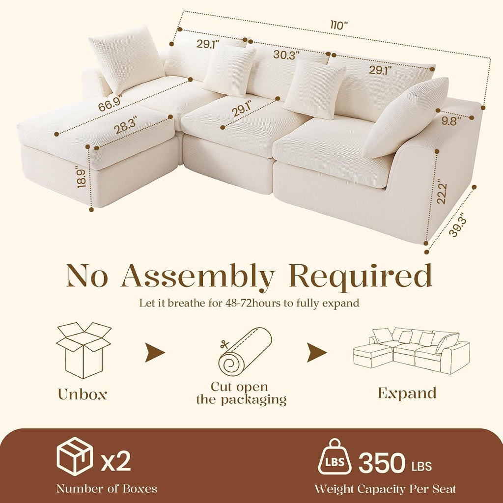 110" Cloud Sectional Couches , L-Shaped Convertible Sofa, 3-Seat Modular Boneless Couch with Movable Ottoman, Beige