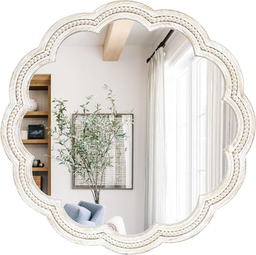 24 Inch Round Wall Mirror, Whitewashed Wooden Frame with Scalloped Edge & Beaded Trim, Decorative Farmhouse Boho Mirror