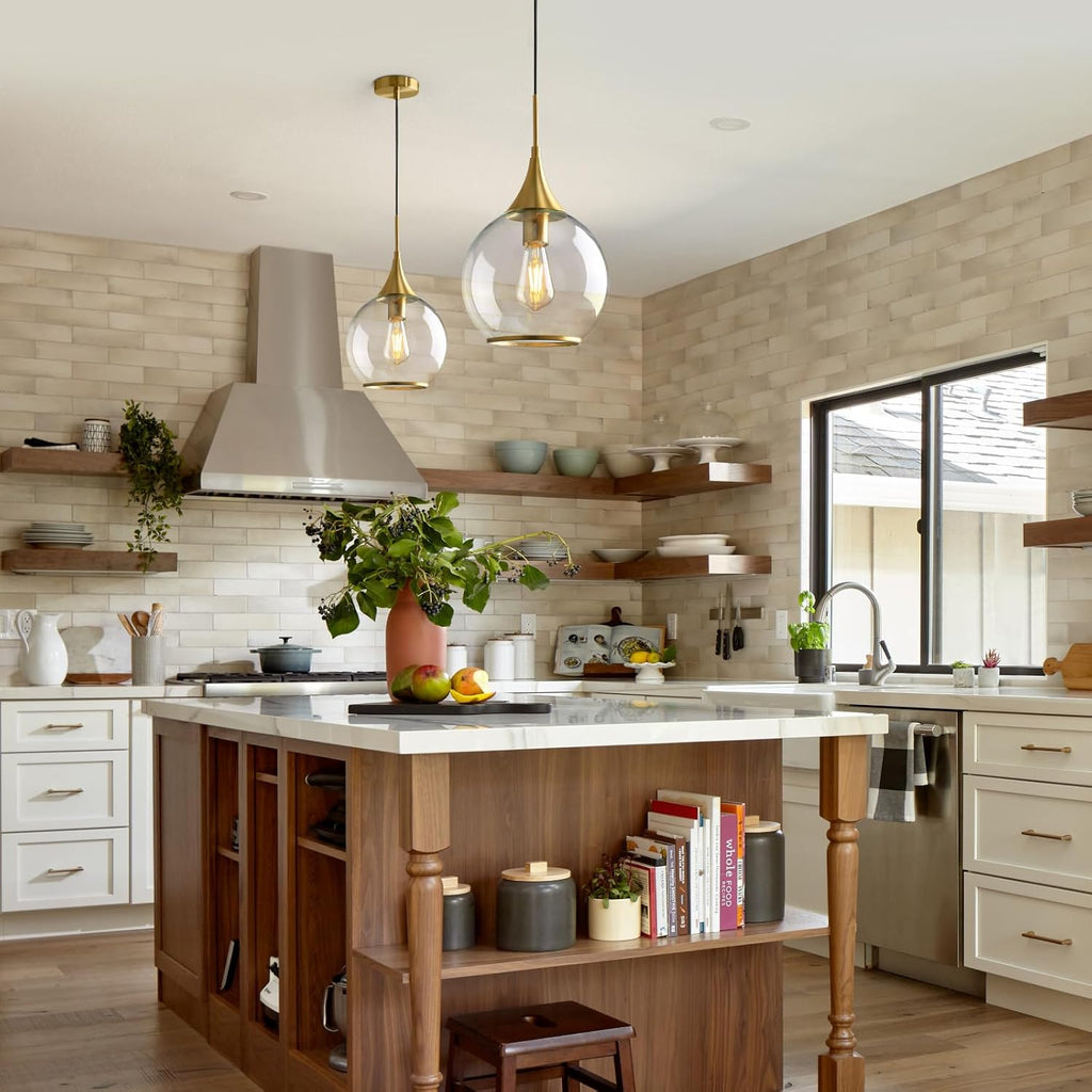 Pendant Lights Kitchen Island: Brushed Gold Light Fixture Farmhouse with Clear Glass - 10 Inch Mid Century Globe